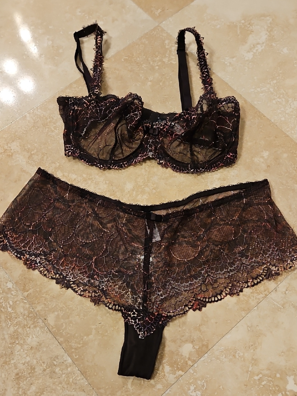 Chantelle Dark Brown  Sheer Lace Underwire Bra & Lace Hipster Set